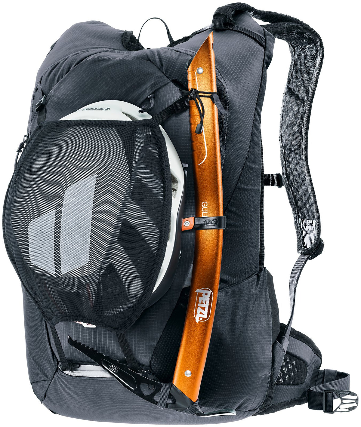 Deuter Updays 26 carrying a helmet in the helmet net and an ice axe on the front