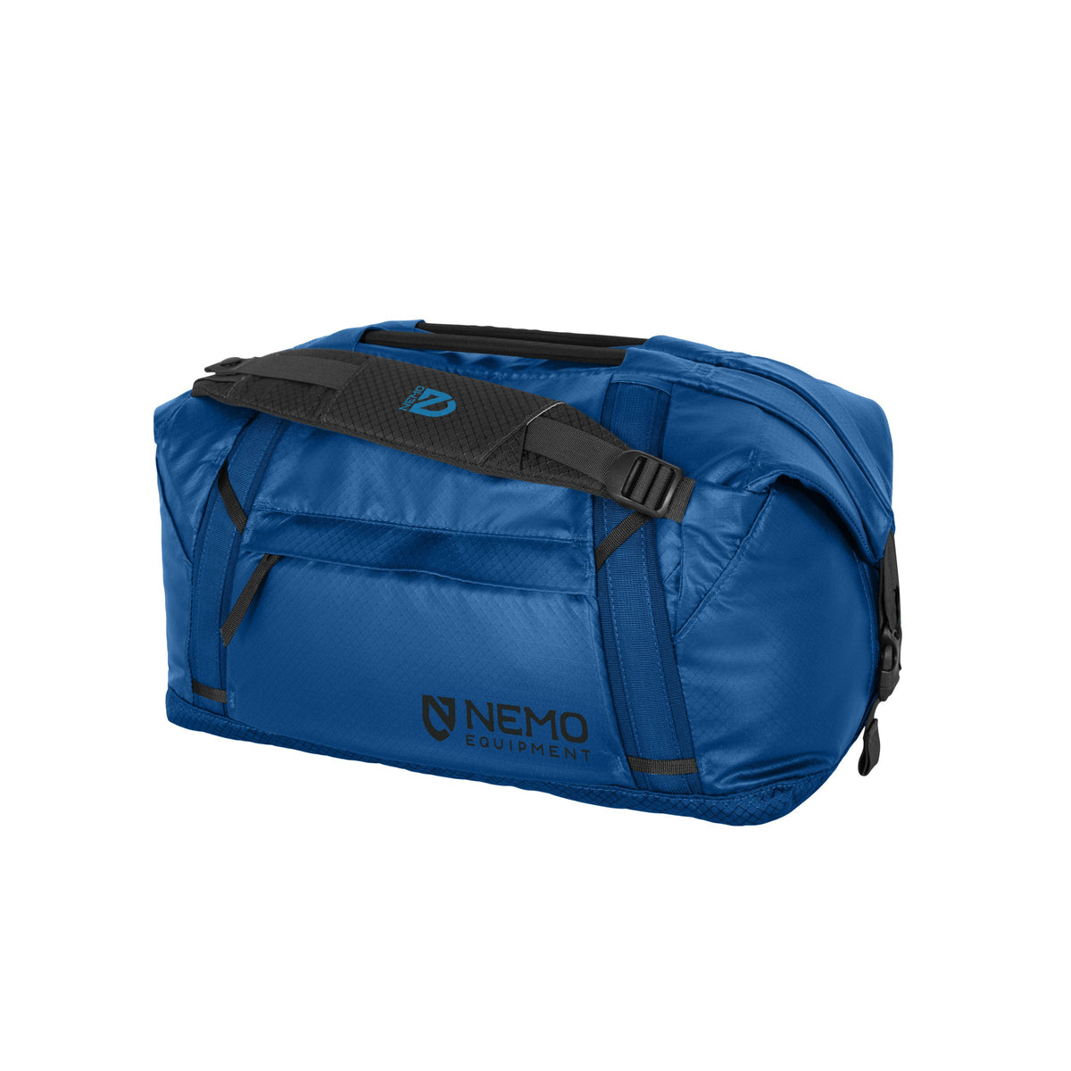 Nemo Double Haul in Lake blue at an angle, showing the top grab strap and side buckle