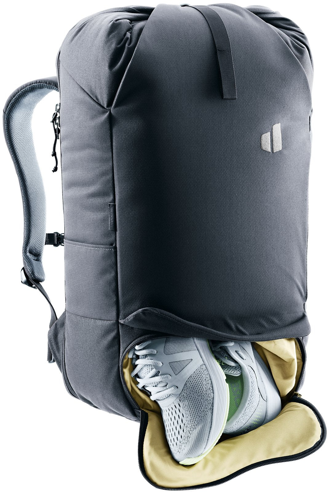 Deuter Utilion 30 zipped front compartment open with a pair of shoes inside