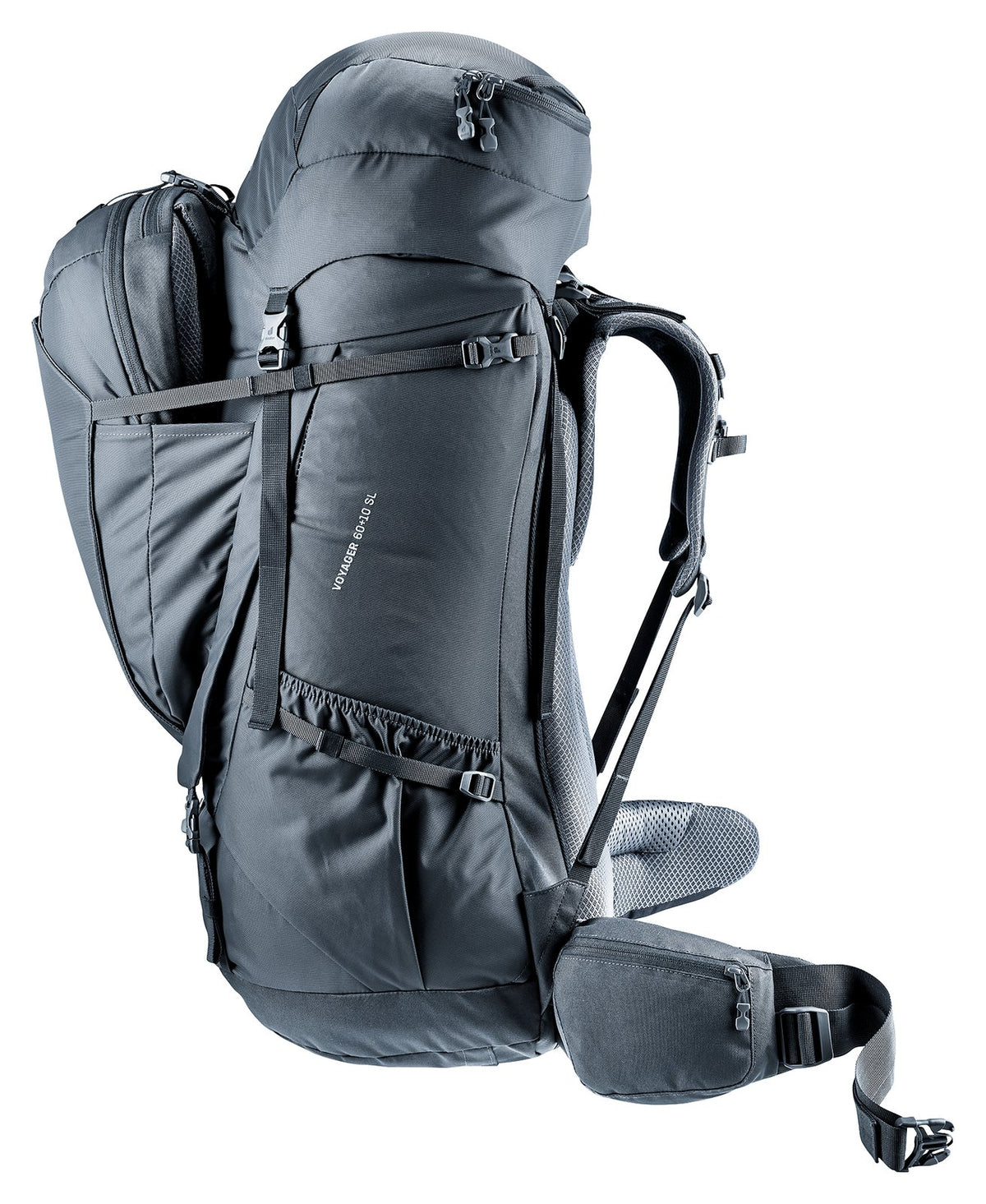 Deuter Voyager 60+10 SL side view with side pocket and hip fin