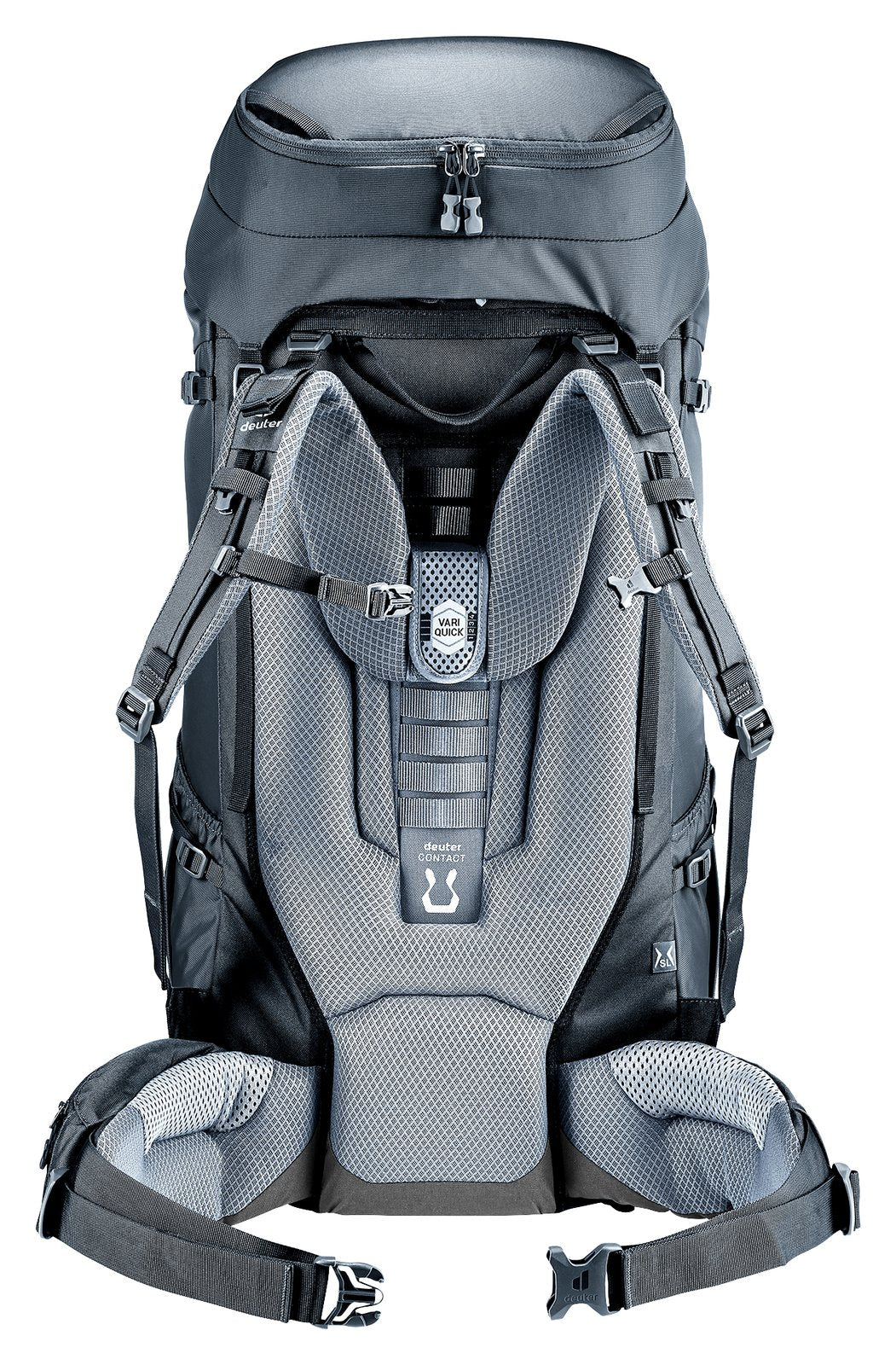 Back of the Deuter Voyager 60+10 SL showing the Contact back, VariQuick adjuster and hip fins