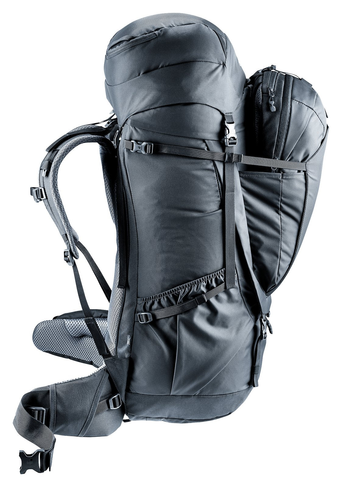 Deuter Voyager 60+10 SL side profile with daypack on the front and compression straps