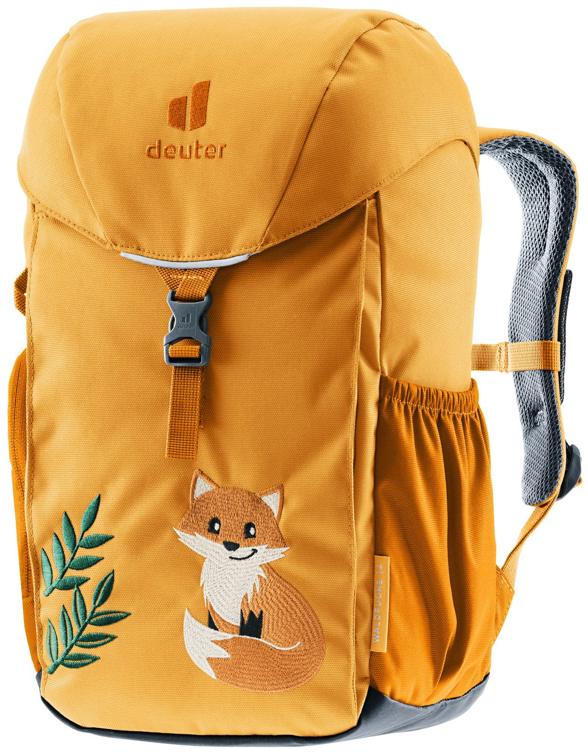 Deuter Waldfuchs 14 kids' backpack in Amber Maple orange with a fox and fern print