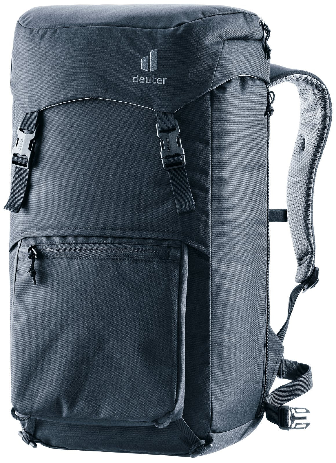Deuter Walker 24 everyday backpack in Black, front three-quarter view with buckled lid