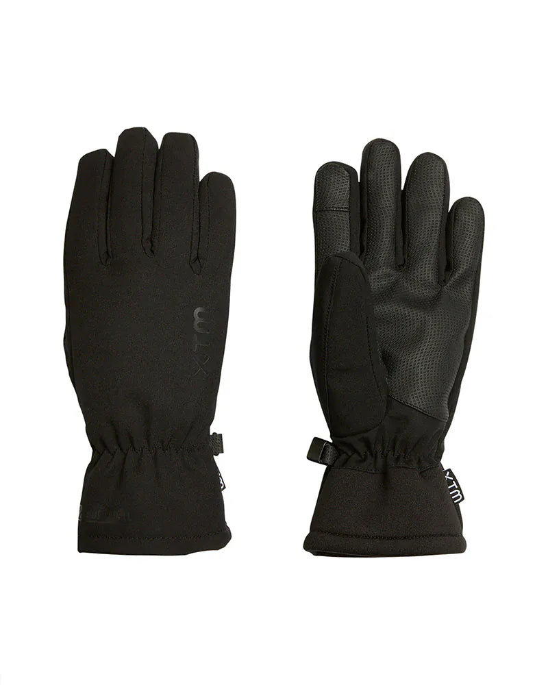 Pair of black XTM Tease kids softshell gloves showing the back and the grippy textured palm