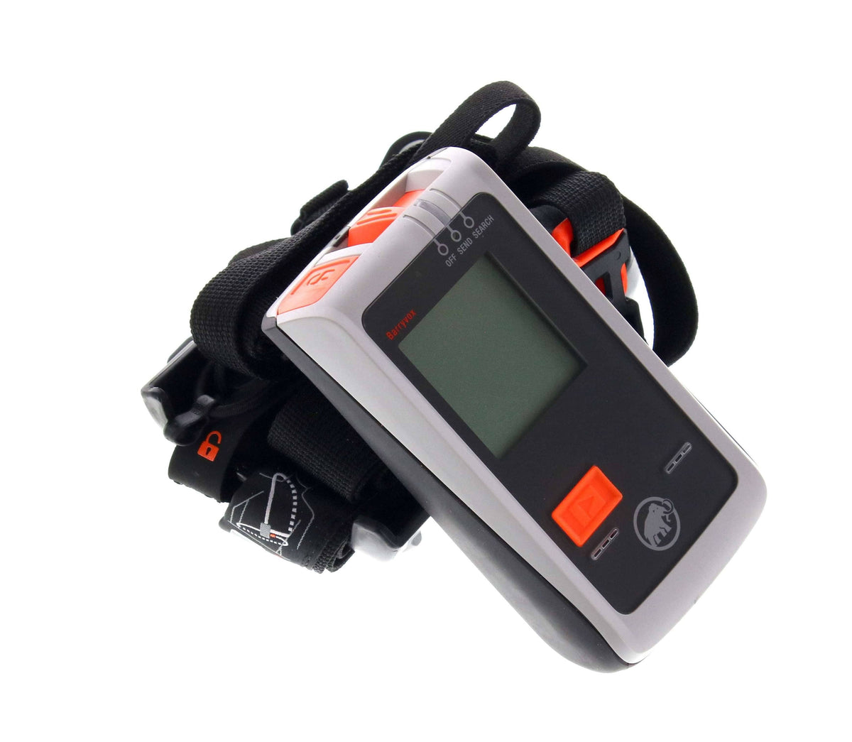 Mammut Barryvox avalanche beacon resting on its black carrying system with orange buckle