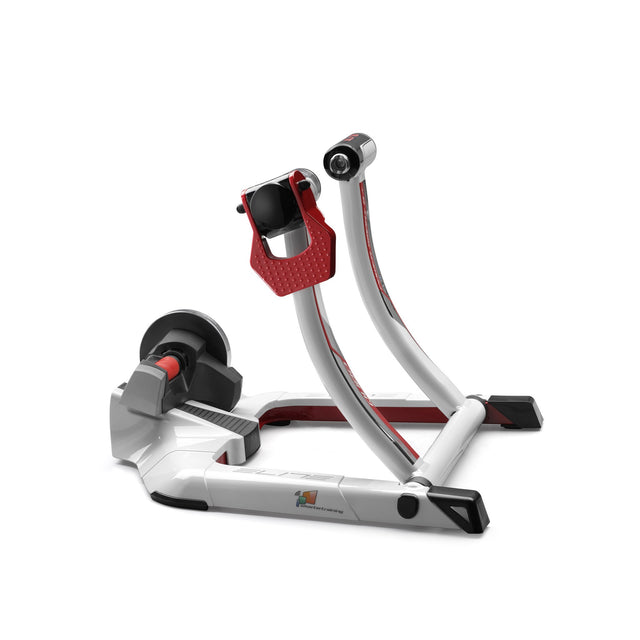 Elite Qubo Power Mag Smart B+ wheel-on trainer, silver-white Qubo frame with red clamp lever and magnetic unit