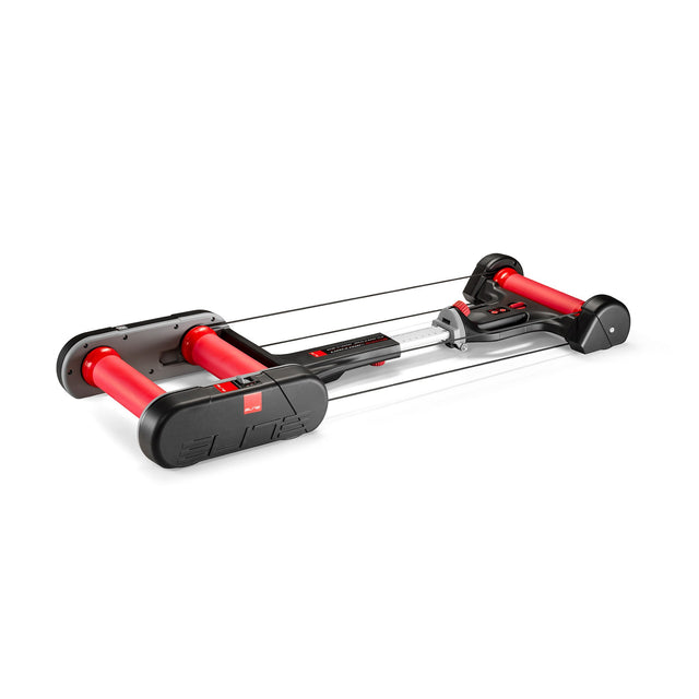 Elite Quick-Motion rollers open, three-quarter view with red parabolic drums and the cable-hung floating frame