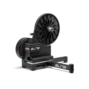 Elite Avanti smart trainer from the front three-quarter, legs open, freehub ready for a cassette