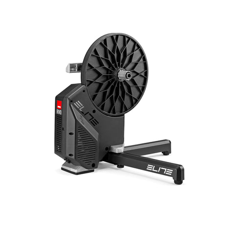 Elite Rivo smart trainer from the front three-quarter with legs open and bare freehub