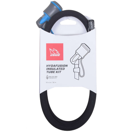 USWE Hydrafusion insulated drink tube kit in its pack: black foam-covered hose, grey and blue bite valve, grey connector