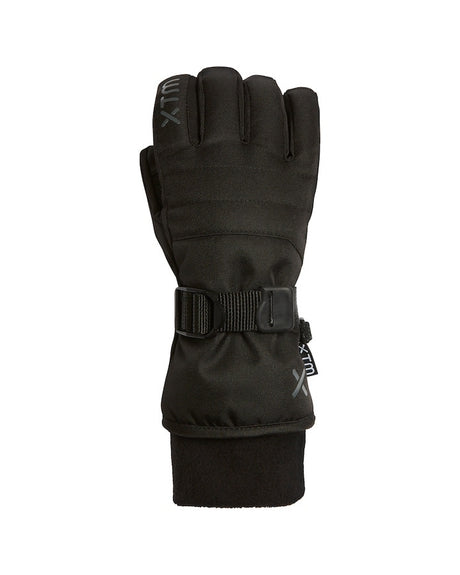 Black XTM Les Alpes Kids Glove, back of hand with wrist strap buckle and black fleece cuff