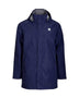 Navy XTM Innisfail II unisex rain jacket, front view with grey collar lining and chest logo patch