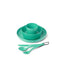 Sea to Summit Camp Dinnerware Set in Cabbage green, cup in bowl on plate, cutlery clipped on a carabiner