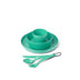 Sea to Summit Camp Dinnerware Set in Cabbage green, cup in bowl on plate, cutlery clipped on a carabiner