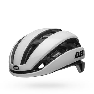 Bell XR Spherical helmet in matte/gloss white and black, front three-quarter view from the other side