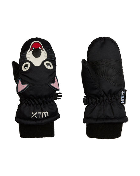 Pair of XTM Kids Puppet snow mitts in Tassie Devil design, black with knitted cuff