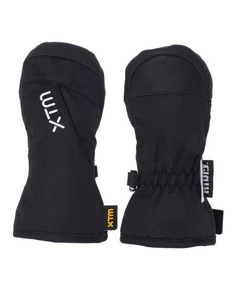 Pair of black XTM Tiny II Infants Snow Mitts, back and palm view with elastic cuff and HiDry label