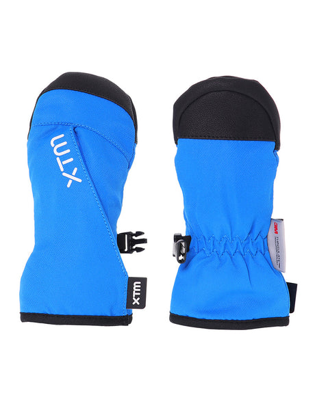 Pair of Bright Blue XTM Tiny II Infants Snow Mitts with black tips, back and palm view