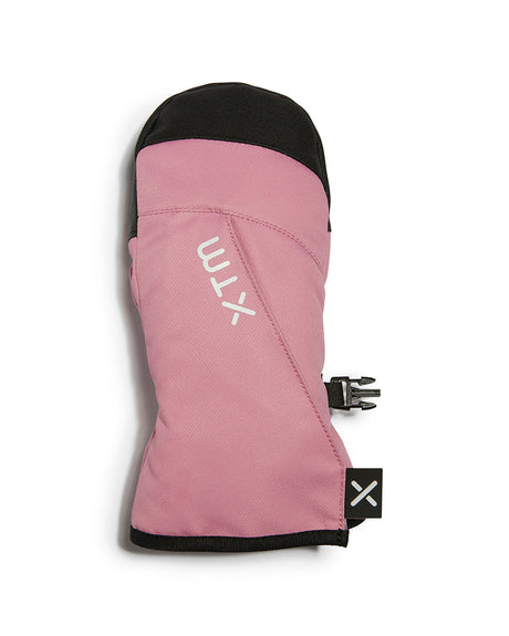 Rose Pink XTM Tiny II Infants Snow Mitt, back of hand with diagonal Velcro opening and black tip