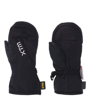 Pair of black XTM Kids Tots II Snow Mitts, back and palm view with elastic cuff and wrist strap clip