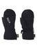 Pair of black XTM Kids Tots II Snow Mitts, back and palm view with elastic cuff and wrist strap clip