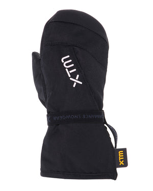 Black XTM Kids Tots II Snow Mitt with the elastic XTM wrist strap fastened around the cuff