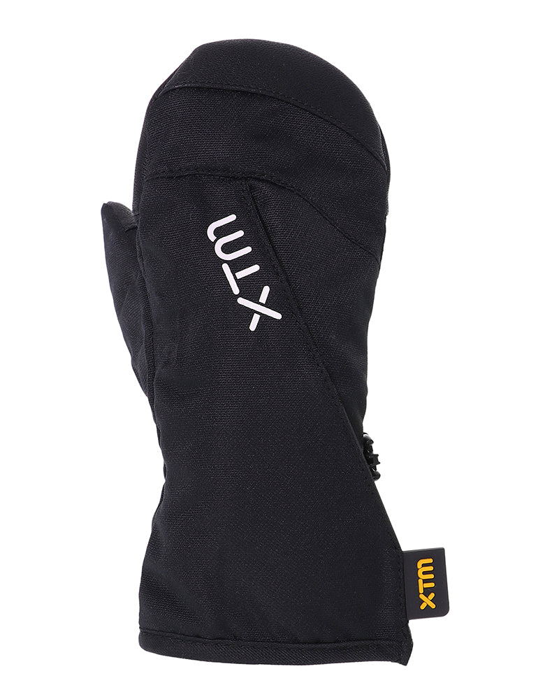 Black XTM Kids Tots II Snow Mitt, back of hand view with the diagonal easy-entry seam