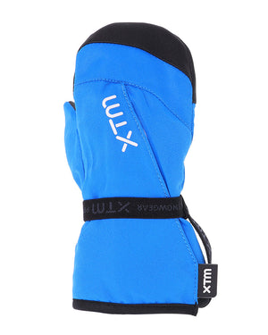 Bright Blue XTM Kids Tots II Snow Mitt with the elastic wrist strap wrapped around the cuff