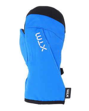 Bright Blue XTM Kids Tots II Snow Mitt, back of hand with XTM logo and angled opening