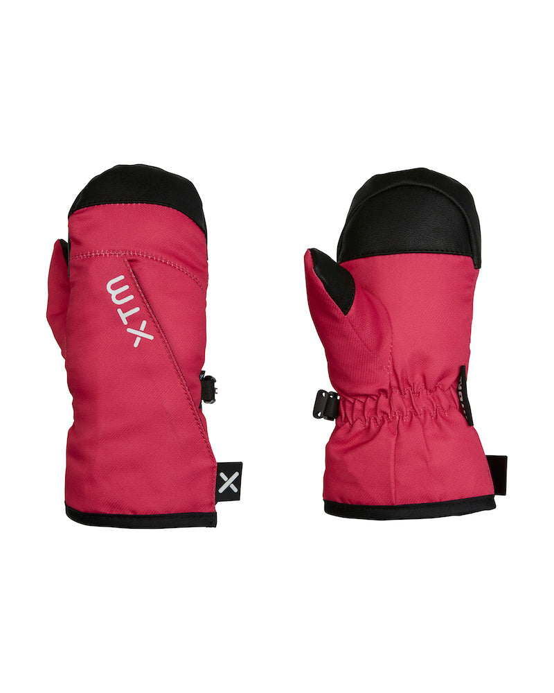 Pair of Magenta XTM Kids Tots II Snow Mitts, back and palm view with black tips and elastic cuff