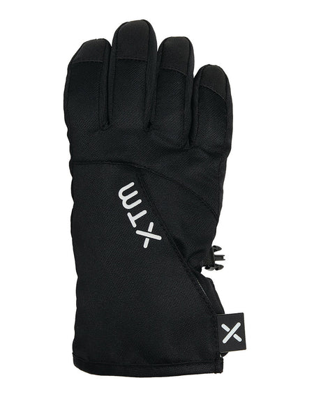 Black XTM Kids Tots II Snow Glove, back of hand with the angled easy-entry opening and XTM logo