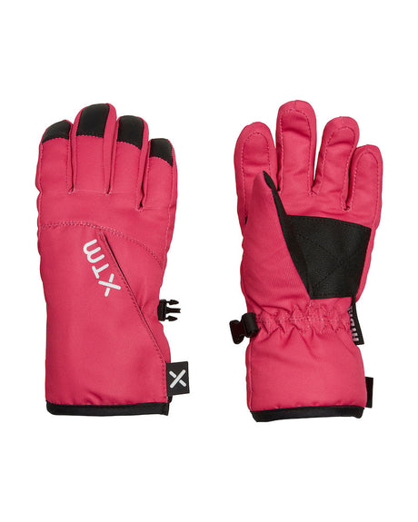 Pair of Magenta XTM Kids Tots II Snow Gloves, back and palm view with black palm patch and elastic cuff