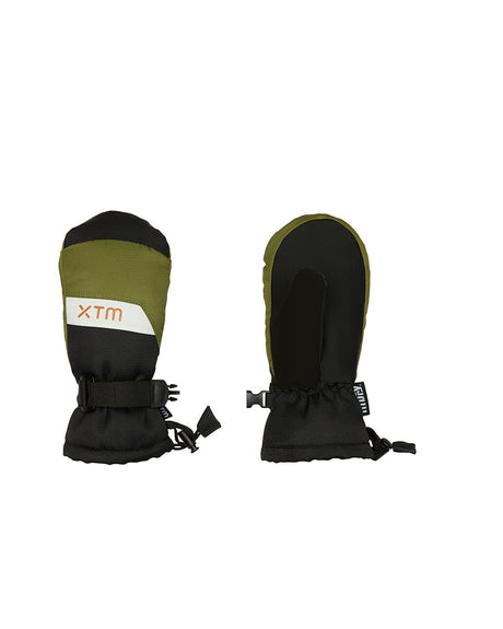 Pair of Sea Kelp XTM Kids Zoom Snow Mittens, olive and black, back and black palm view