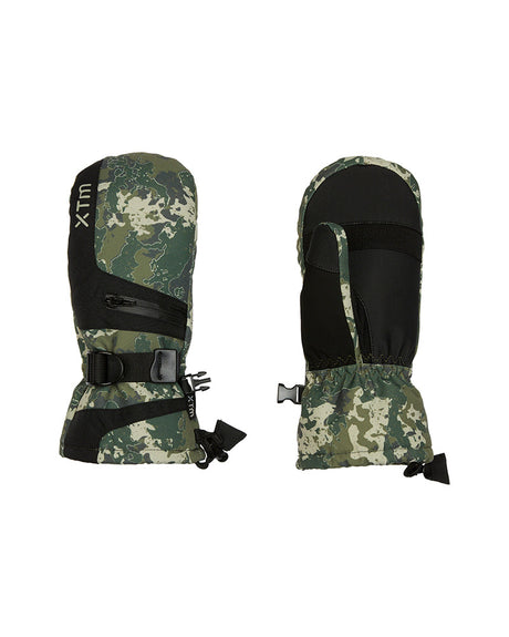 Pair of XTM Kids Miso II snow mitts in Kalamata Lichen green camo, back and palm views