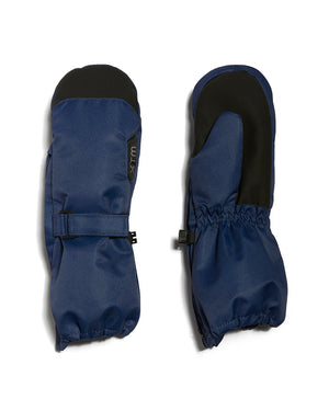 Pair of Naval Blue XTM Kids Tyke Snow Mitts, back and palm view with black Rubbertec palm and gauntlet cuffs