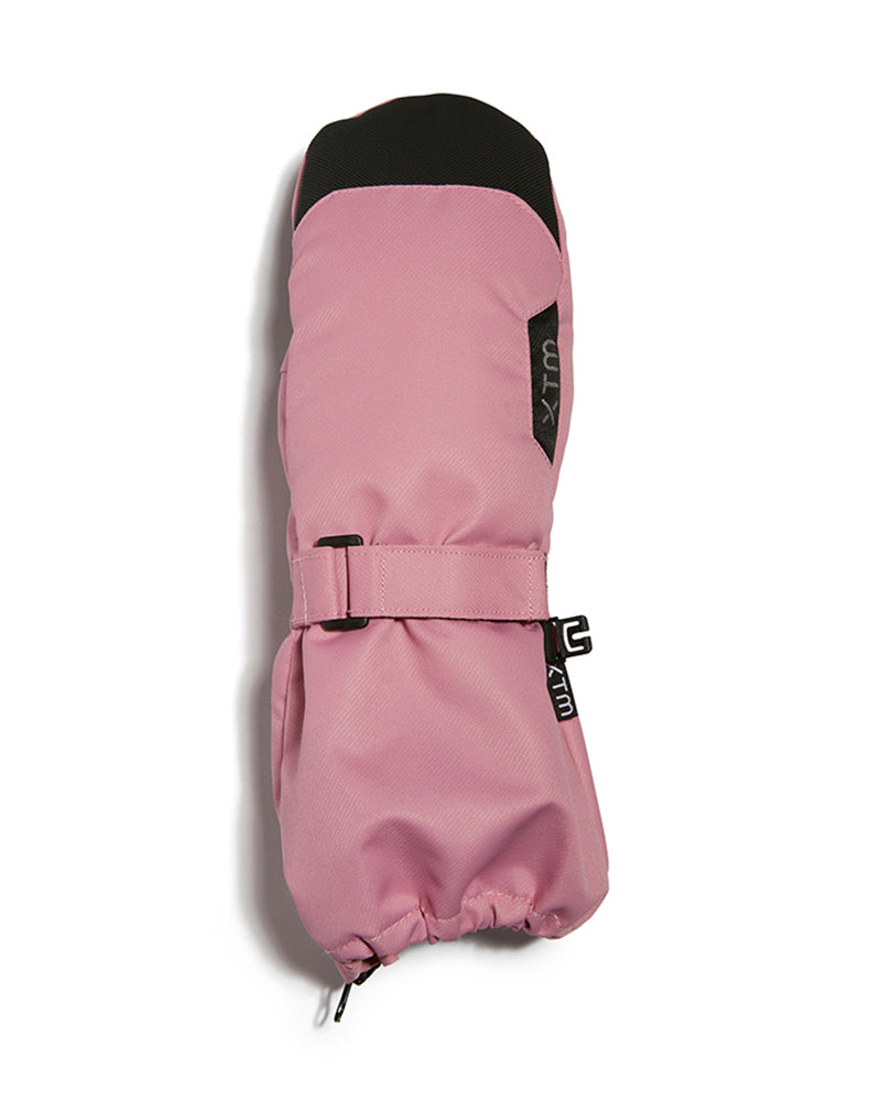 Rose Pink XTM Kids Tyke Snow Mitt, back view with black tip, wrist strap buckle and gauntlet cuff