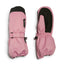 Pair of Rose Pink XTM Kids Tyke Snow Mitts showing the wrist strap, black palm and drawcord gauntlet