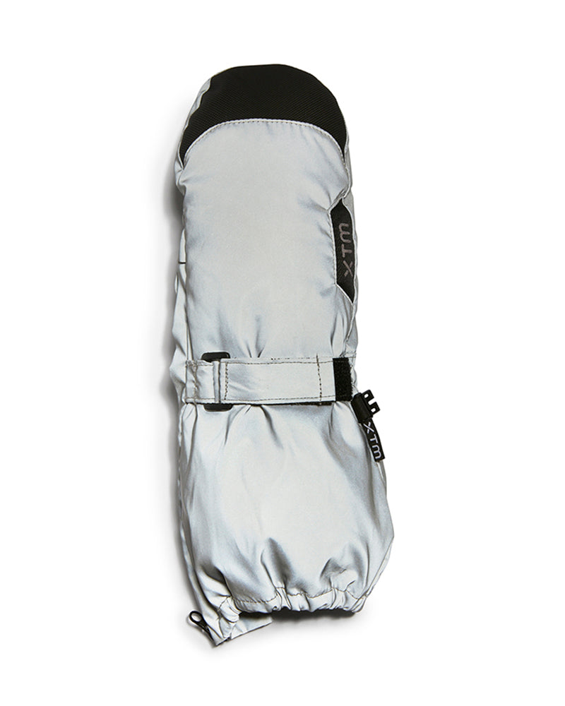 Reflective Silver XTM Kids Tyke Snow Mitt, back of hand with adjustable wrist strap and gauntlet