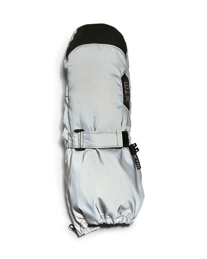 Reflective Silver XTM Kids Tyke Snow Mitt, back of hand with adjustable wrist strap and gauntlet