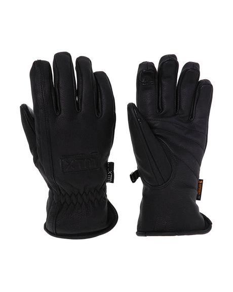 Pair of XTM Aurel leather snow gloves in Black, back and palm views with touch screen fingertips
