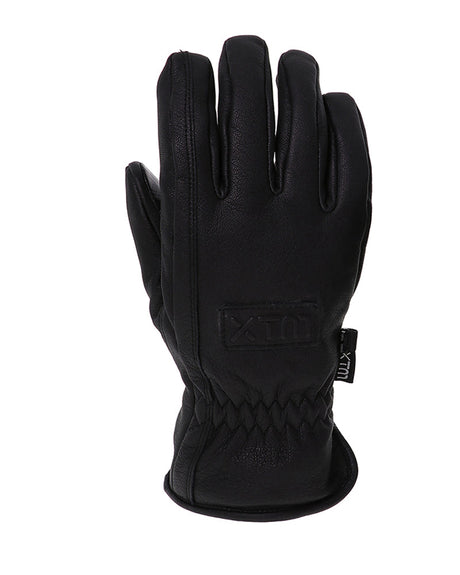 XTM Aurel black goatskin snow glove, back of hand with debossed XTM logo and elastic wrist