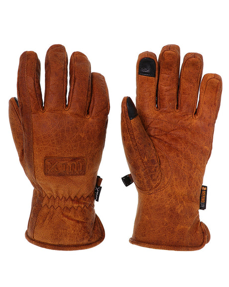 Pair of XTM Aurel leather snow gloves in Rust weathered tan leather, back and palm views