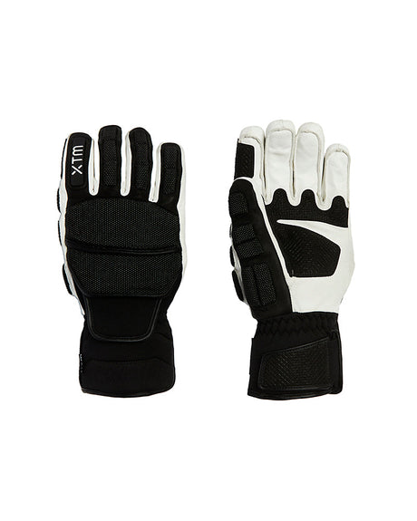 Pair of XTM Velocity World Cup snow gloves, black SUPERFABRIC back and white leather palm