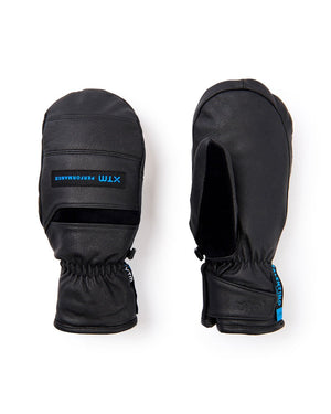 Pair of XTM Valentino Pitch EVT black leather snow mitts, back with XTM Performance patch and palm