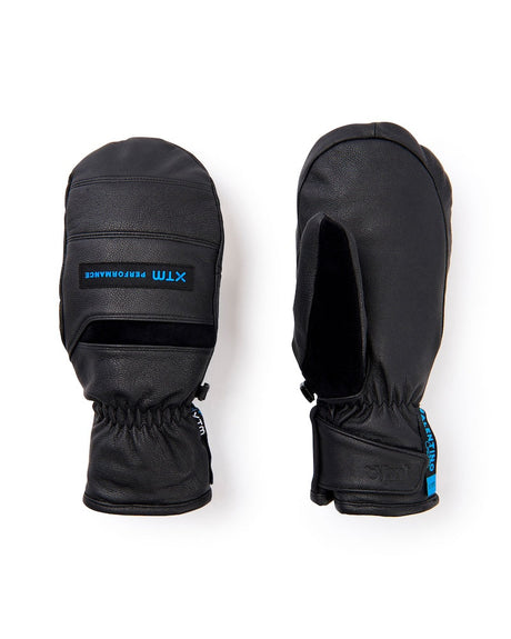 Pair of XTM Valentino Pitch EVT black leather snow mitts, back with XTM Performance patch and palm
