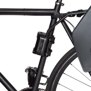 Burley Frame Mounting Block clamped to a black bike frame tube with the Dash seat rails slotted in