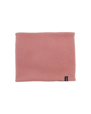 XTM Kids Microfleece X neck warmer in Dusty Rose pink fleece, laid flat with the XTM clamp label