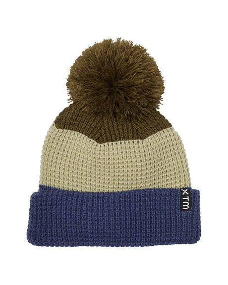 Kalamata XTM Kids Trifle beanie, olive pom pom with khaki waffle knit band and navy cuff