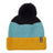 Navy XTM Kids Trifle beanie with navy pom pom, aqua waffle knit band and mustard yellow cuff